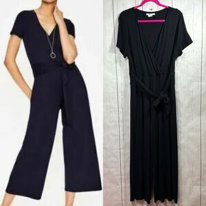 Boden Black Jumpsuit Jersey Wrap Tie Waist Crop Wide Leg V Neck Short Sleeves